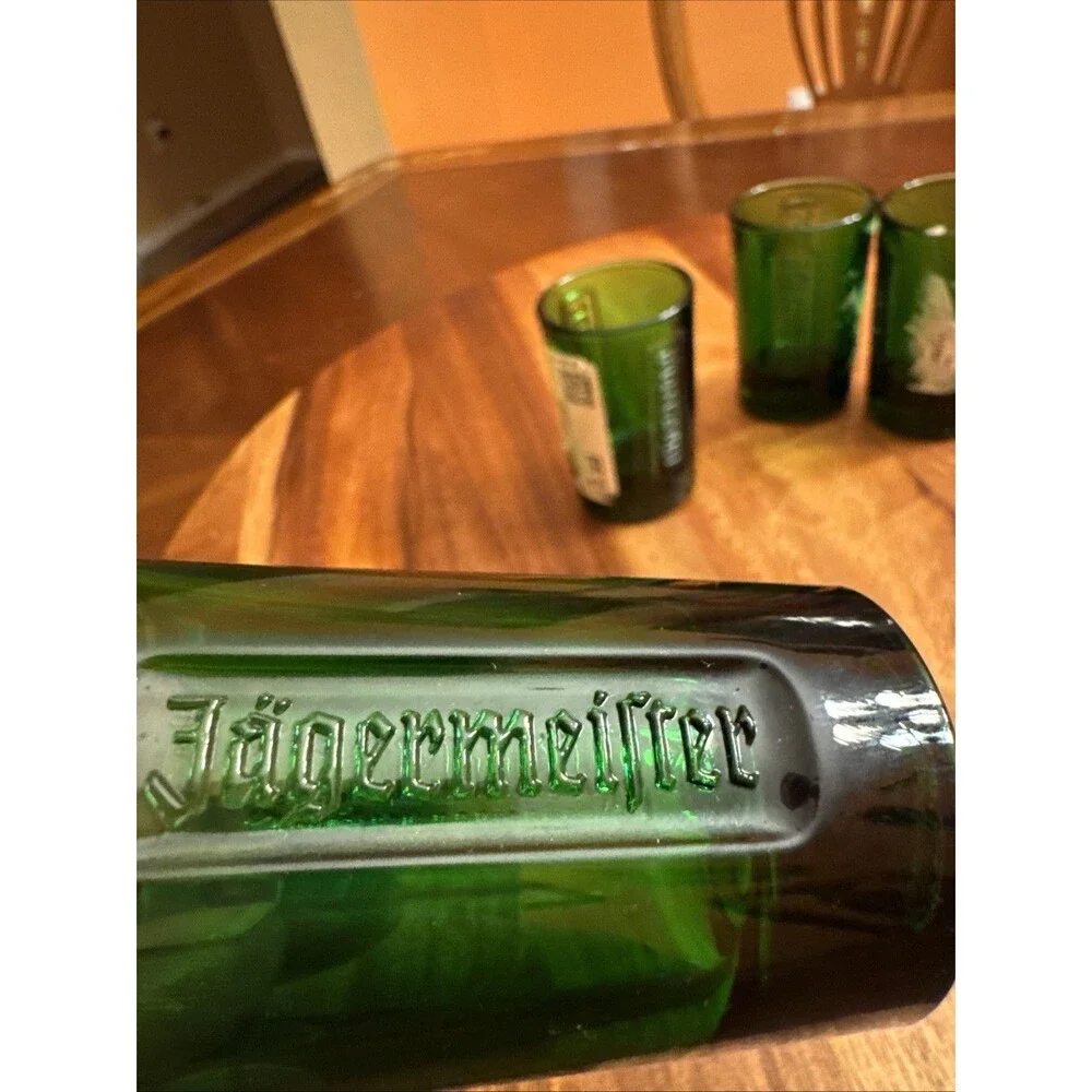 (4) German Jagermeister Green 1oz Shot Glasses w/Embossed Logo & Stag Backstamp